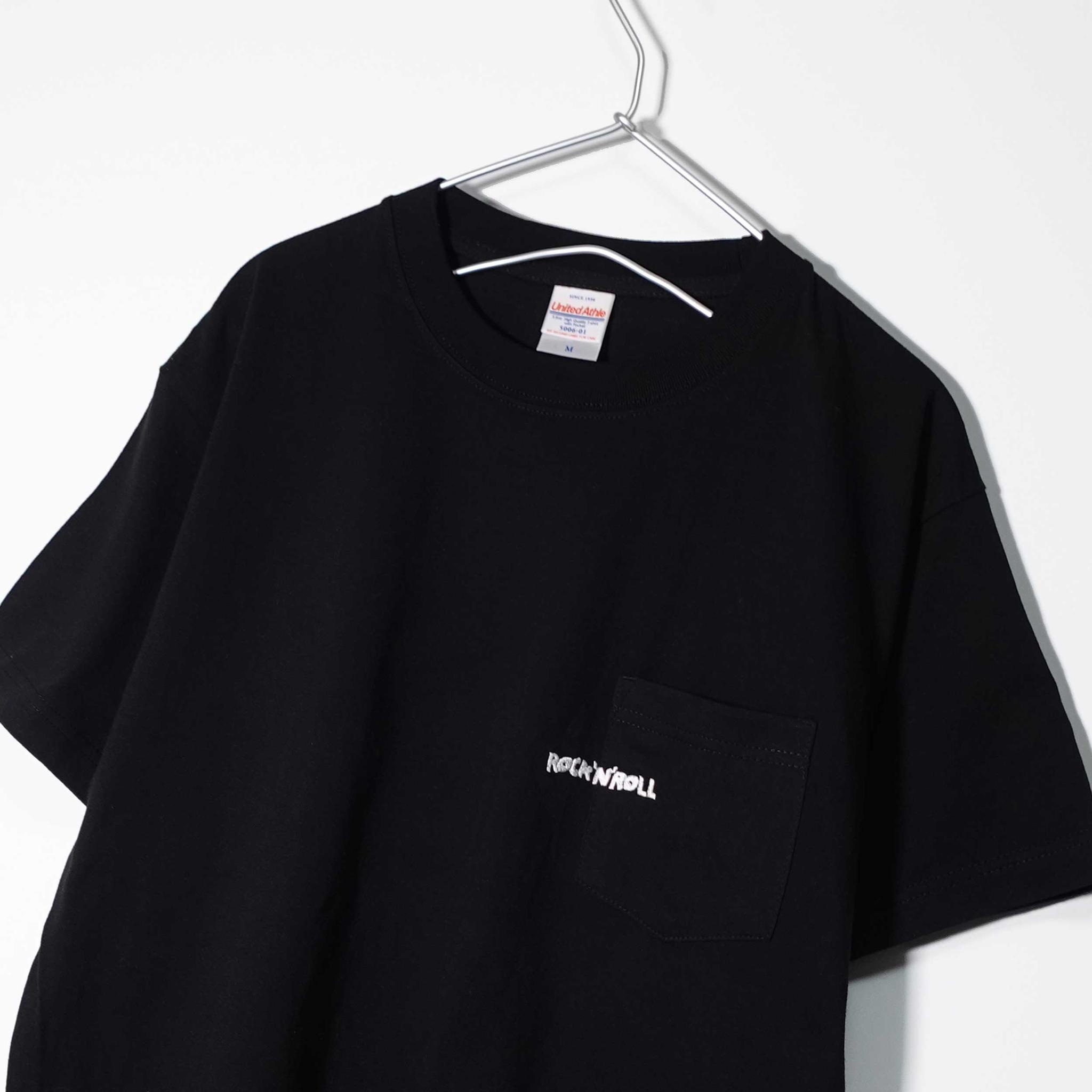 ※ポケットＴ※ ロックンロールの文字を刺繍した音楽系Ｔシャツ 【ブラック】薄すぎず厚すぎない生地 クルーネック