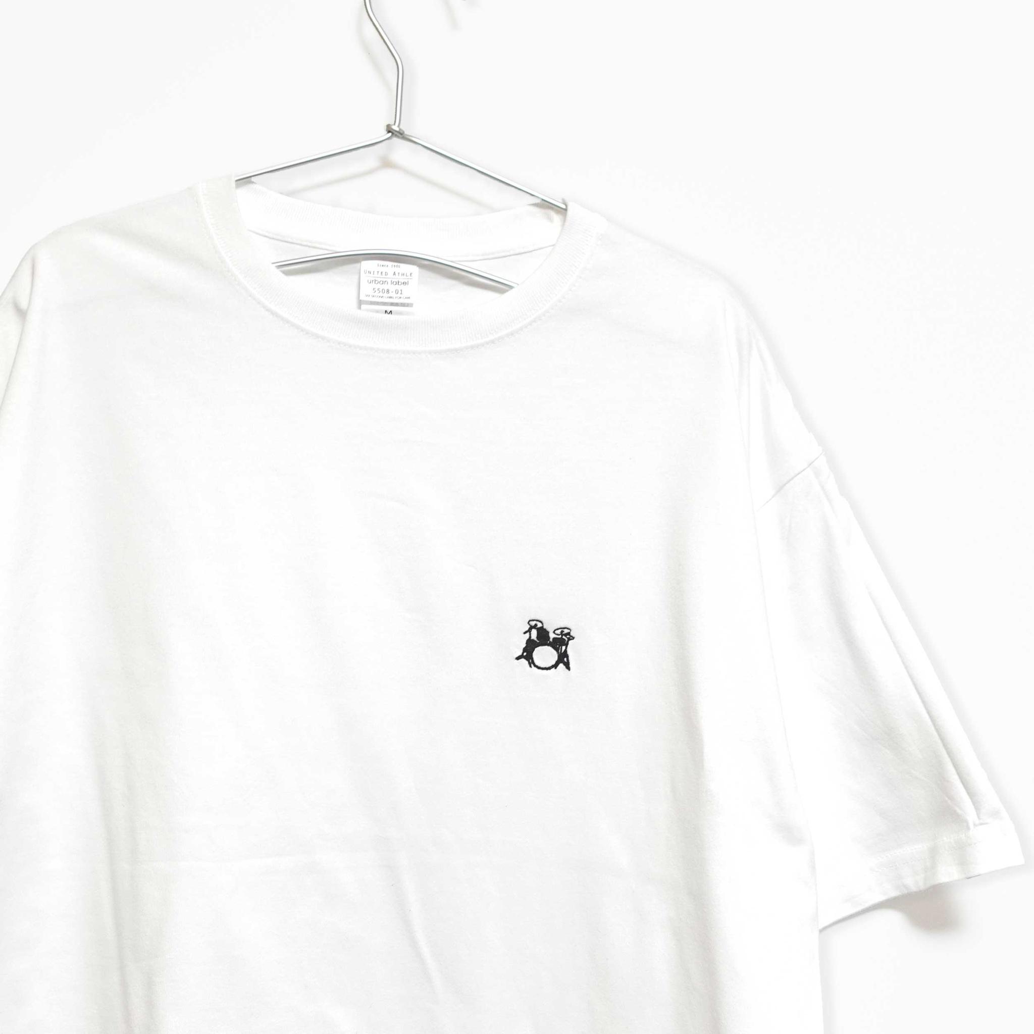 ドラムセットのワンポイント刺繍　ビックシルエットTシャツ  【ホワイト】程よい厚さ生地の半袖クルーネック