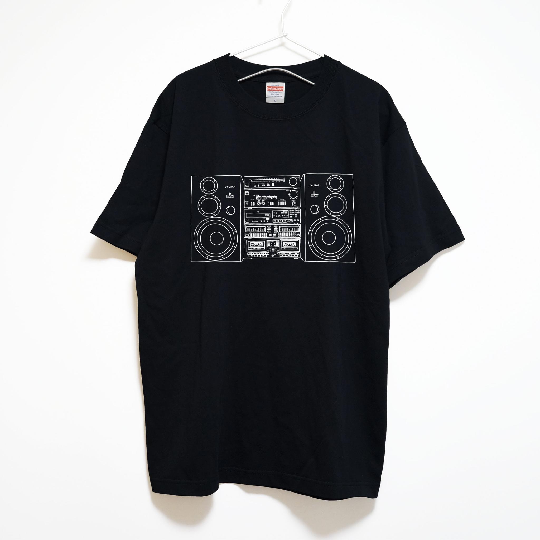 オーディオコンポのイラスト 音楽系Ｔシャツ プレミアム生地 両面プリント【ブラック】 やや厚め生地 半袖クルーネック | 2枚目