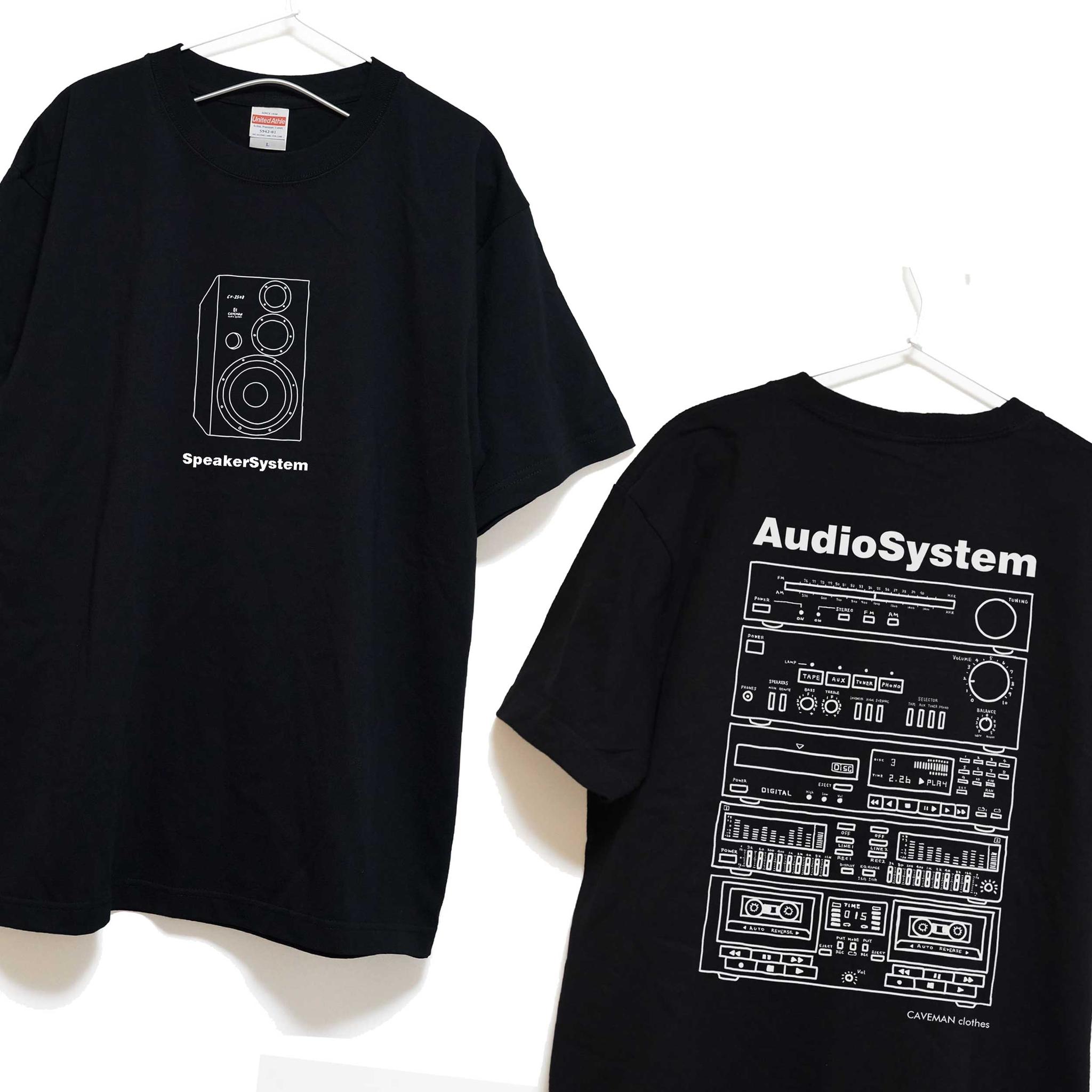 オーディオコンポのイラスト 音楽系Ｔシャツ② プレミアム生地 両面プリント【ブラック】 やや厚め生地 半袖クルーネ