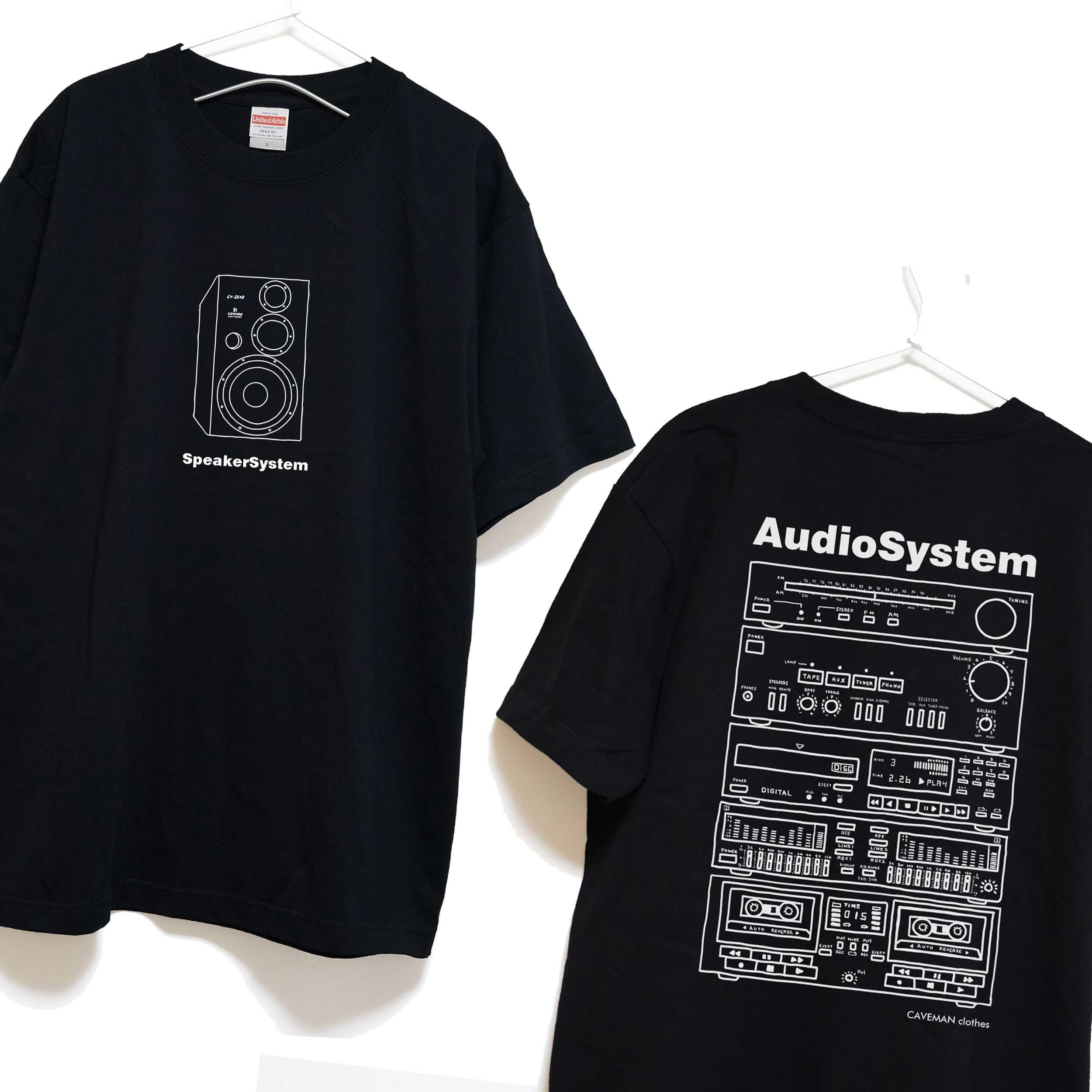 オーディオコンポのイラスト 音楽系Ｔシャツ② プレミアム生地 両面プリント【ブラック】 やや厚め生地 半袖クルーネ1枚目の画像
