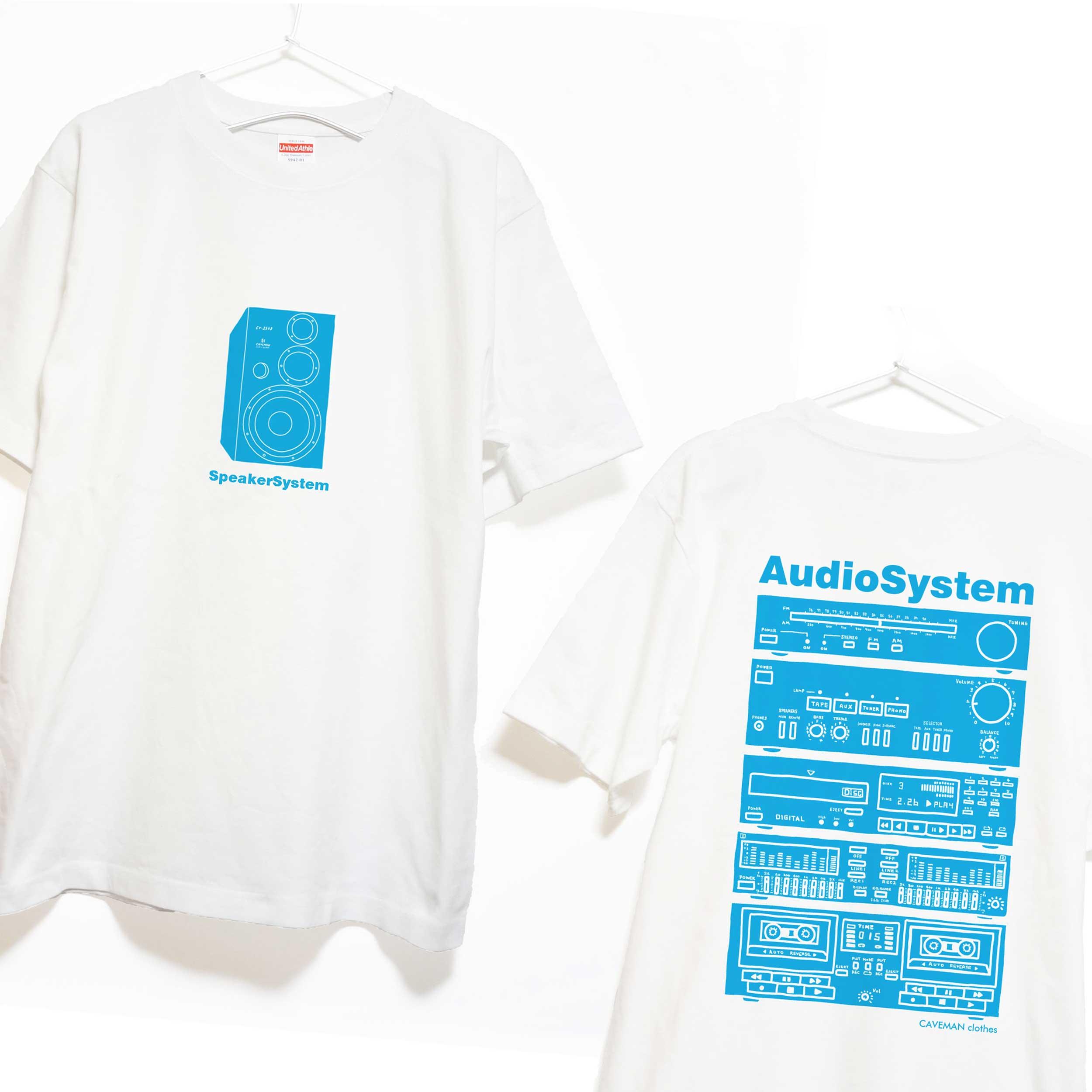 オーディオコンポのイラスト 音楽系Ｔシャツ② プレミアム生地 両面プリント【ホワイト】 やや厚め生地 半袖クルー1枚目の画像