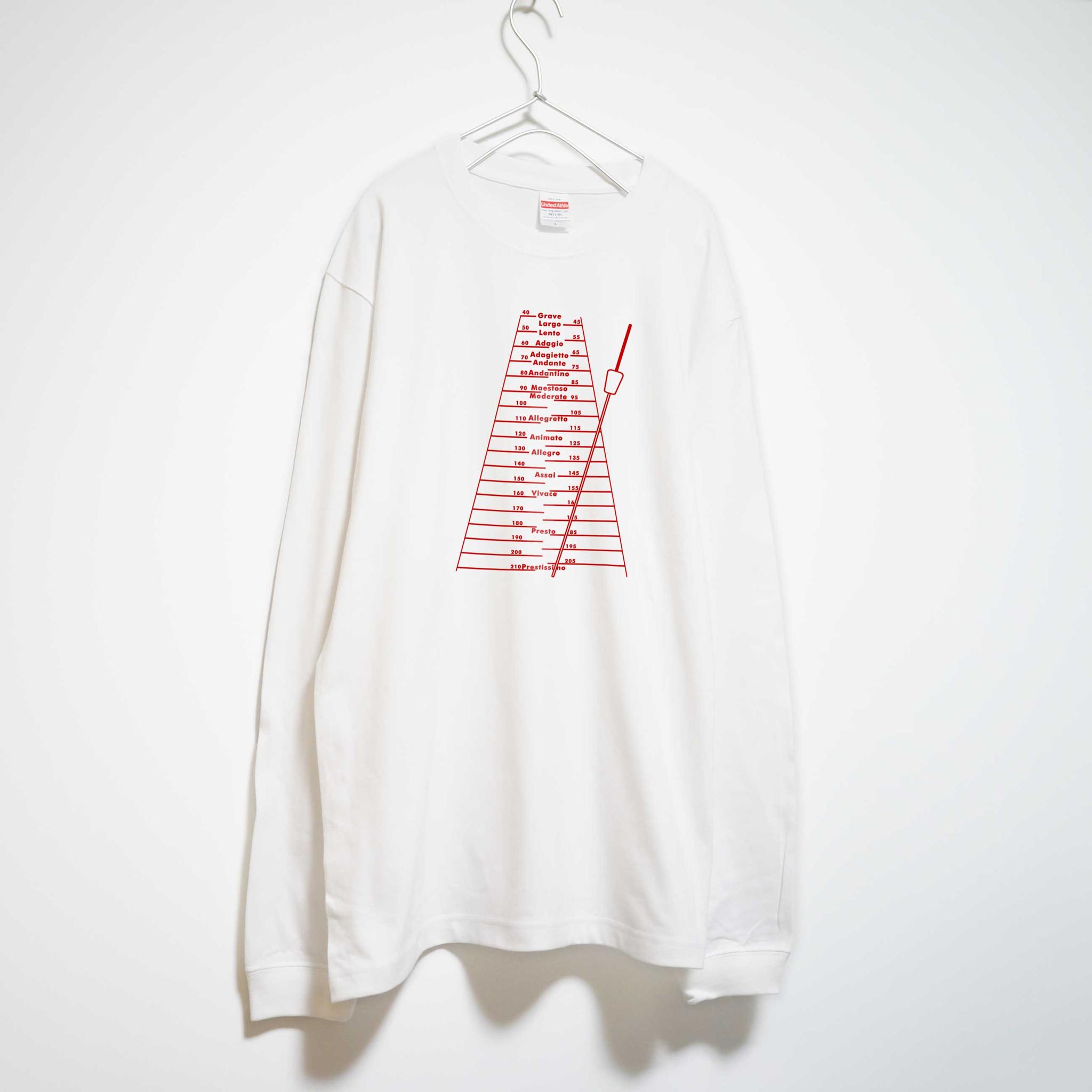 おしゃれなメトロノームのデザイン 音楽系Ｔシャツ ロンT 【ホワイト】 長袖クルーネック リブ袖 ビッグサイズあり