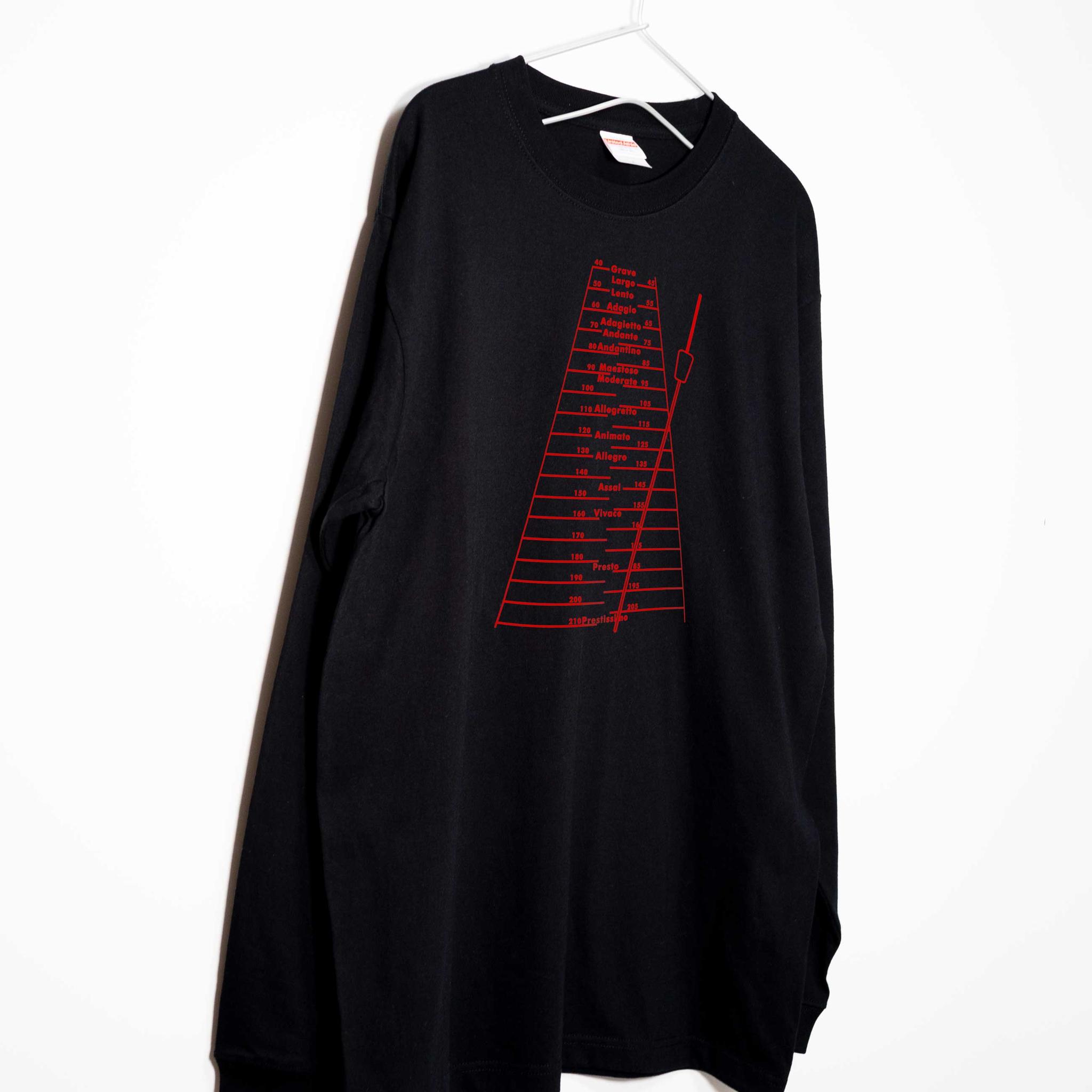 おしゃれなメトロノームのデザイン 音楽系Ｔシャツ ロンT 【ブラック】 長袖クルーネック リブ袖 ビッグサイズあ