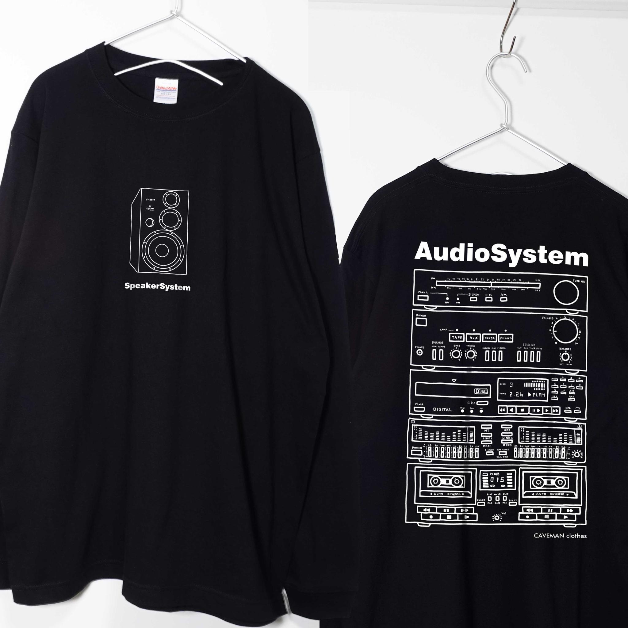 オーディオコンポのイラストデザイン 音楽系Ｔシャツ ロンT 【ブラック】 長袖クルーネック リブ袖 ビッグサイズあり