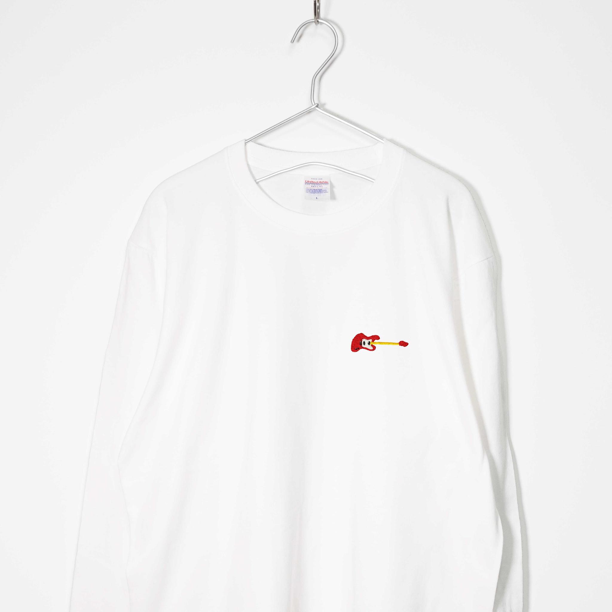 ギターのポップな刺繍Ｔシャツ 音楽系ロンT 【ホワイト】 長袖クルーネック リブ袖 ビッグサイズあり