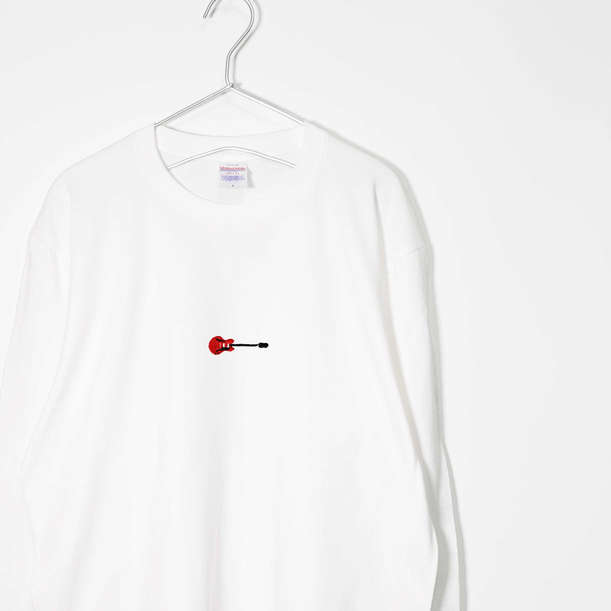 セミアコギターのポップな刺繍Ｔシャツ 音楽系ロンT 【ホワイト】 長袖クルーネック リブ袖 ビッグサイズあり