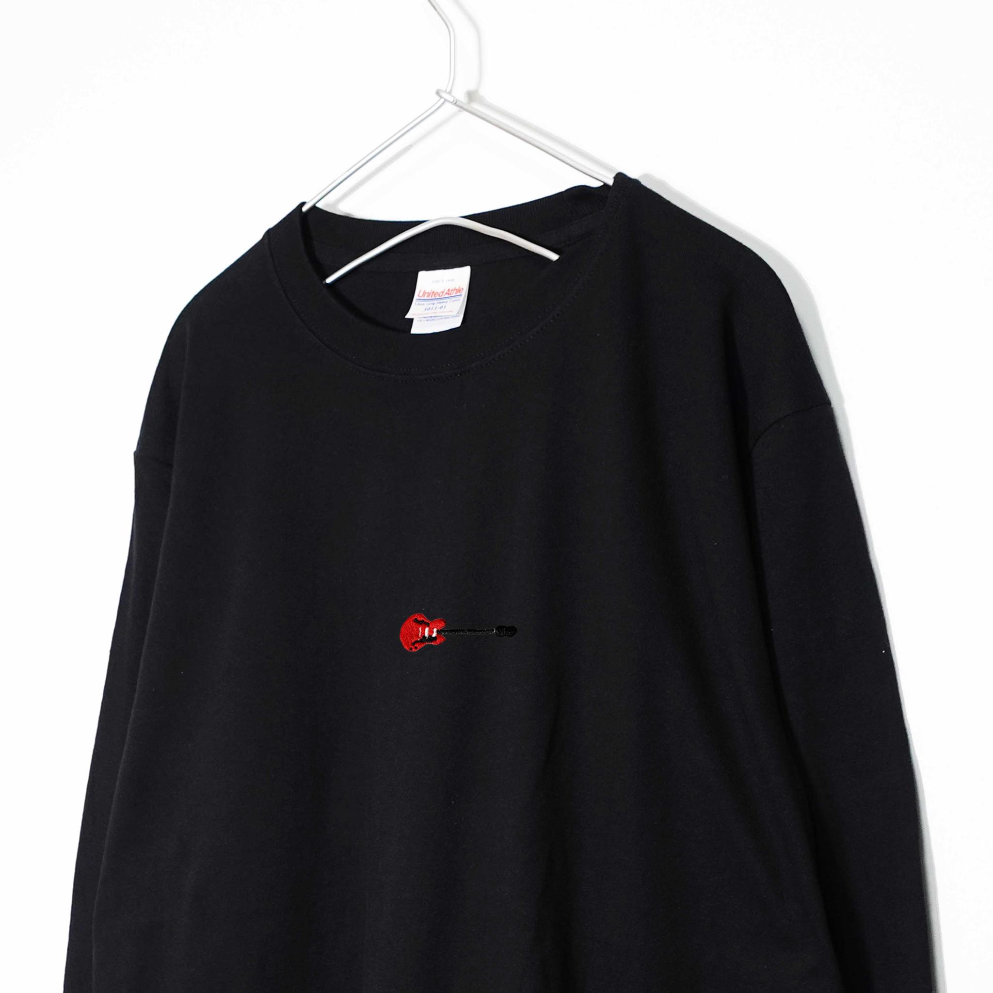 セミアコギターのポップな刺繍Ｔシャツ 音楽系ロンT 【ブラック】 長袖クルーネック リブ袖 ビッグサイズあり