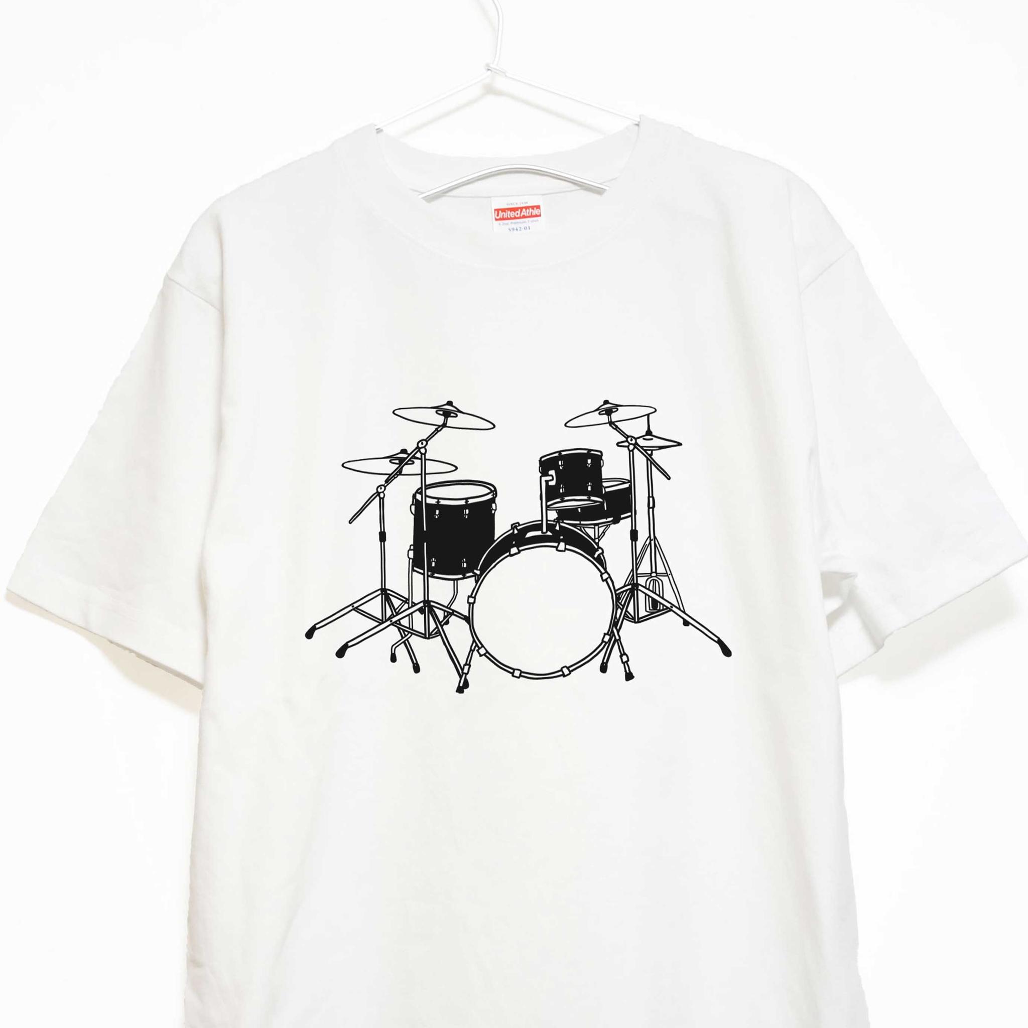 バンドの心臓部を着る！ ドラムセットのイラスト 音楽系Ｔシャツ プレミアム生地 【ホワイト】 やや厚めの半袖クルーネック