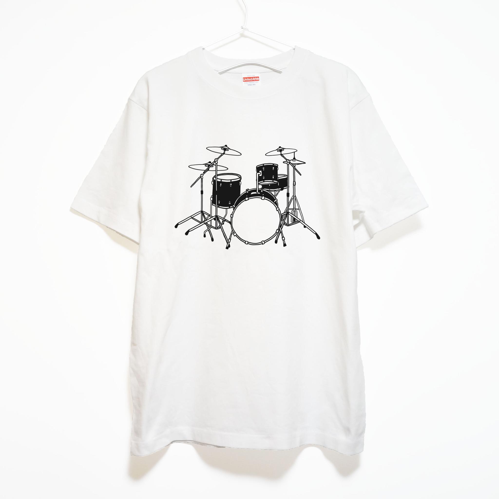 バンドの心臓部を着る！ ドラムセットのイラスト 音楽系Ｔシャツ プレミアム生地 【ホワイト】 やや厚めの半袖クルーネック | 2枚目