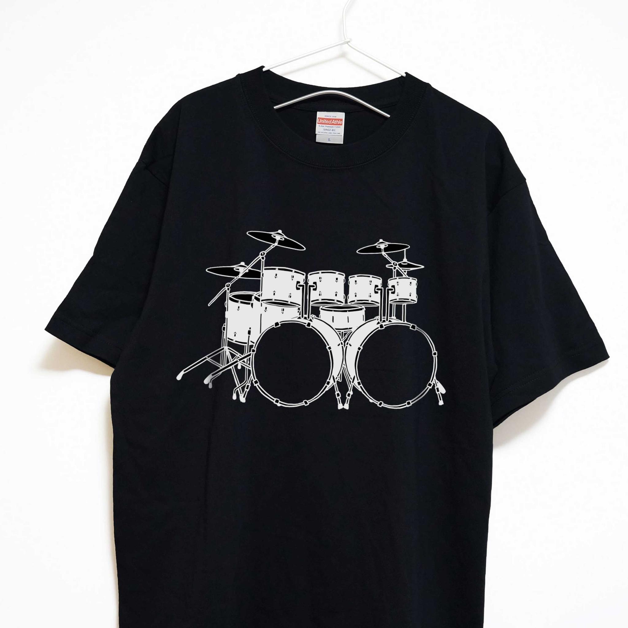 ツーバスドラムセットのイラスト 音楽系Ｔシャツ プレミアム生地 【ブラック】 やや厚めの半袖クルーネック