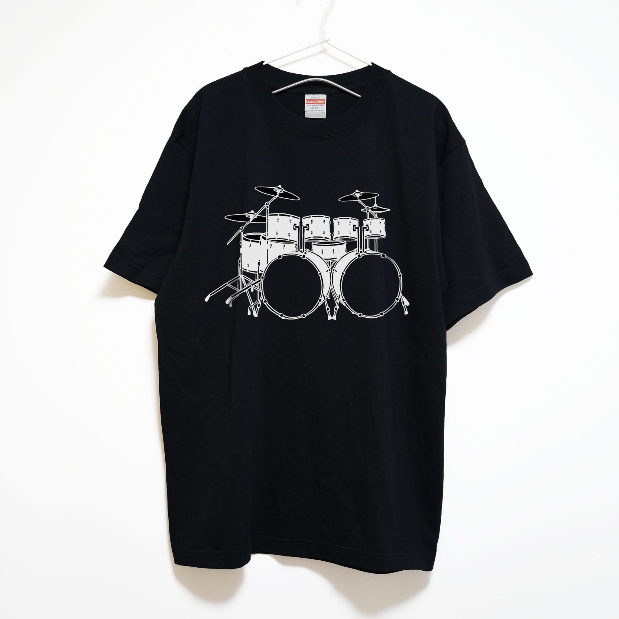 ツーバスドラムセットのイラスト 音楽系Ｔシャツ プレミアム生地 【ブラック】 やや厚めの半袖クルーネック | 2枚目