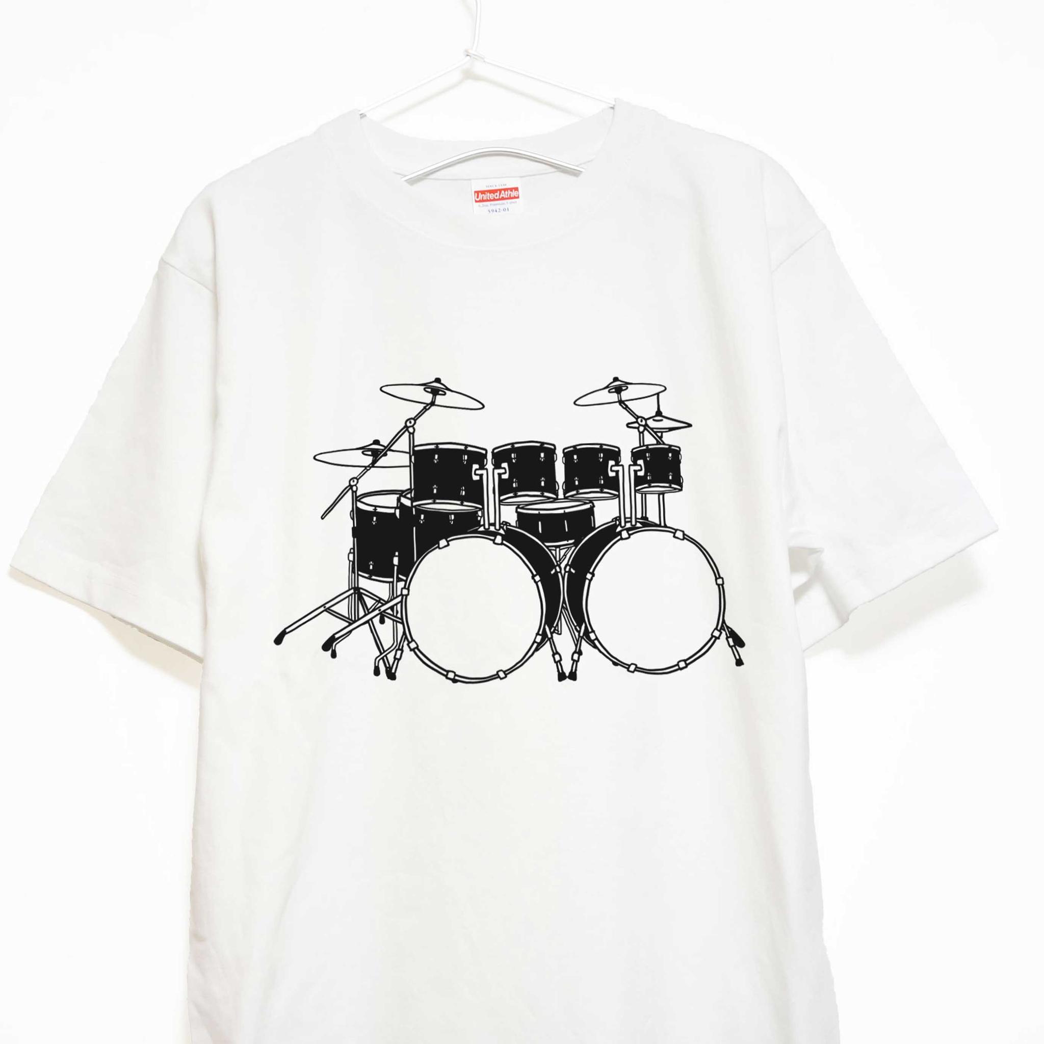ツーバスドラムセットのイラスト 音楽系Ｔシャツ プレミアム生地 【ホワイト】 やや厚めの半袖クルーネック