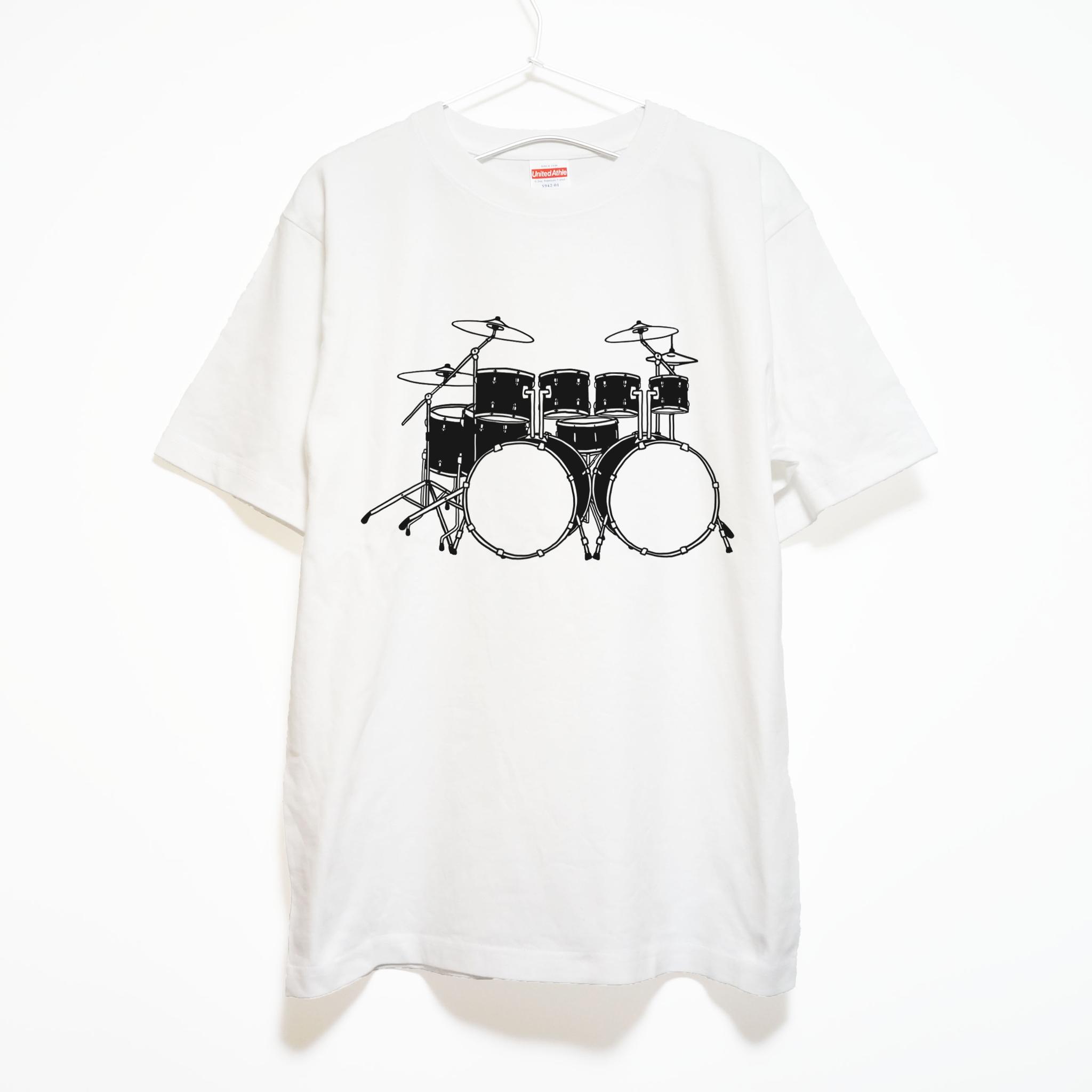 ツーバスドラムセットのイラスト 音楽系Ｔシャツ プレミアム生地 【ホワイト】 やや厚めの半袖クルーネック | 2枚目